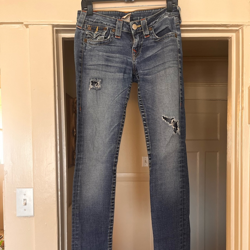 True religion vintage 2000s low rise straight leg ripped jeans